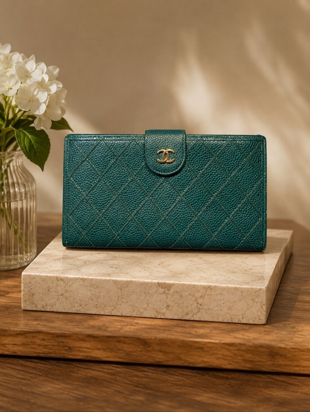 Vintage Chanel Caviar Classic Long Flap Wallet in Emerald Green - WITH COA - Picture 2 of 16